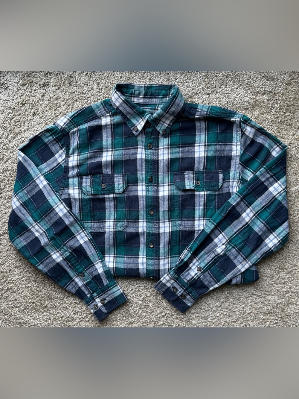 Faded Glory Men’s Plaid Flannel Button Down Shirt Green Navy Medium